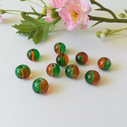 10 perles en verre 10 mm verte et orange