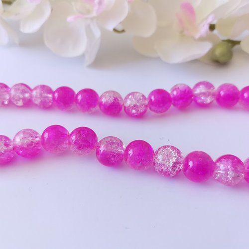 10 perles en verre craquelé bicolore 10 mm fuchsia et cristal
