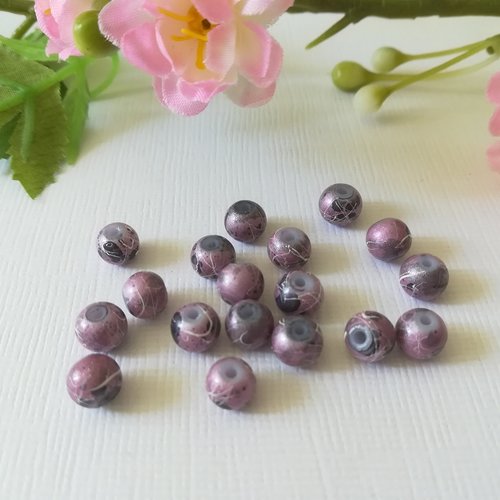 30 perles en verre 6 mm mauve nacré tréfilé noir