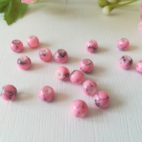 25 perles en verre 6 mm rose tréfilé noir