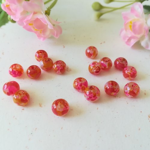 25 perles en verre 6 mm taches oranges et roses