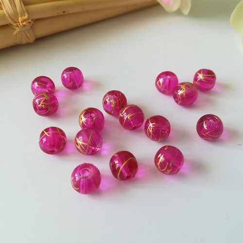 20 perles en verre laqué 8 mm fuchsia tréfilé doré