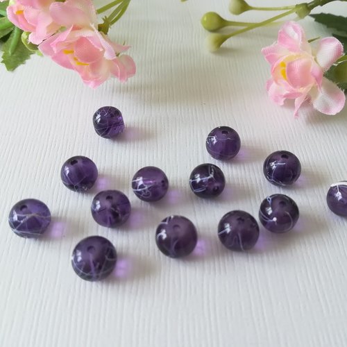 20 perles en verre 8 mm violet foncé tréfilé blanc
