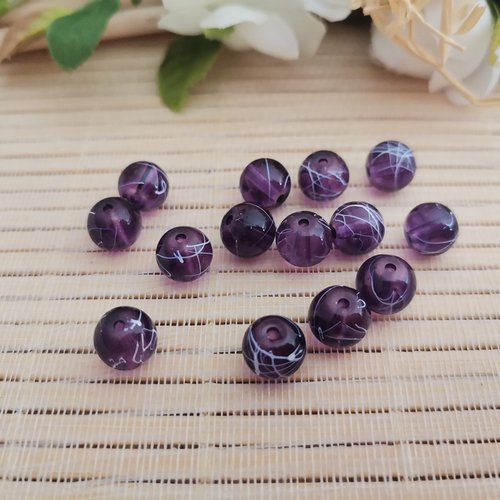20 perles en verre 8 mm violet foncé tréfilé blanc