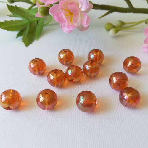 10 perles en verre laqué ronde 10 mm orange ab