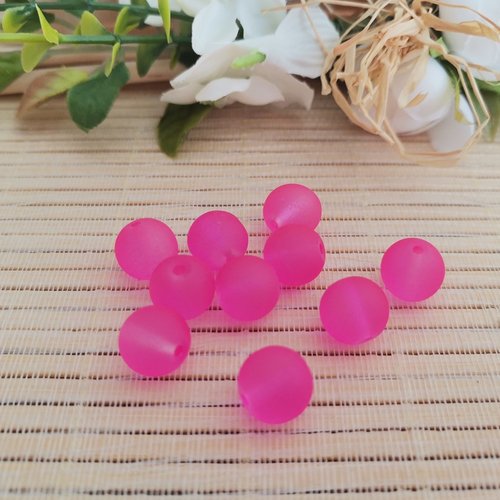 10 perles en verre givré 10 mm fuchsia
