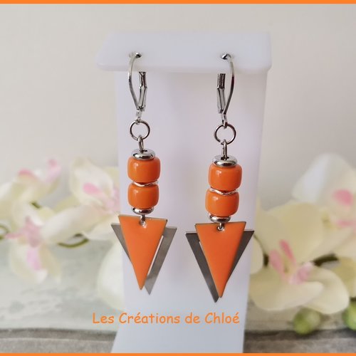 Kit boucles d'oreilles pendentif triangle et perles en verre orange