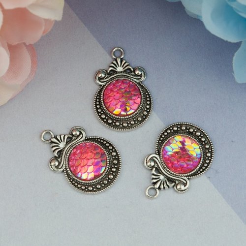 2 pendentifs métal ronds 28 mm argent mat et reflet rose