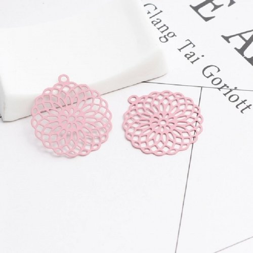 2 pendentifs estampes filigrane 27 mm rose