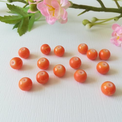 20 perles en verre ronde 8 mm orange effet fissuré