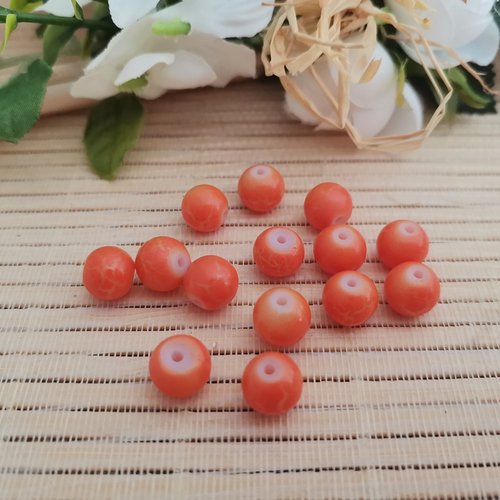20 perles en verre ronde 8 mm orange effet fissuré