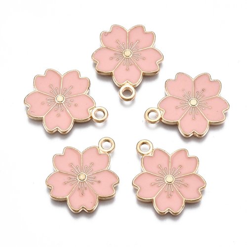 2 breloques métal et émail fleur rose