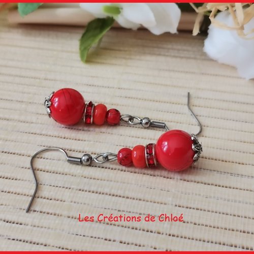 Kit boucles d'oreilles perles et rondelle strass rouges