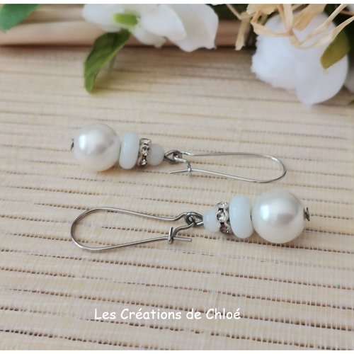 Kit boucles d'oreilles perles blanches et rondelle strass cristal