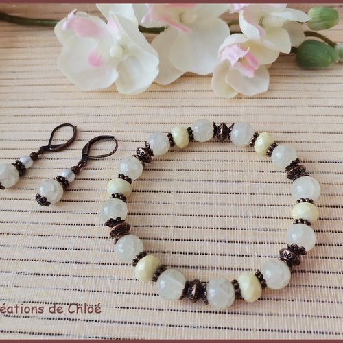 Kit parure bracelet et boucles d'oreilles jaune pale