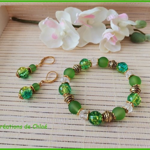 Kit parure bracelet et boucles d'oreilles vert et doré