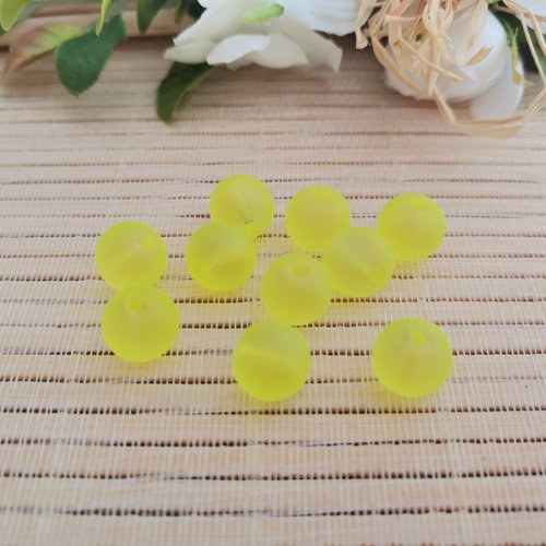 10 perles en verre givré 10 mm jaune fluo