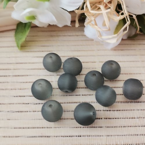 10 perles en verre givré 10 mm grise