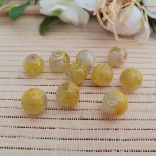 10 perles en verre 10 mm jaune taches beiges