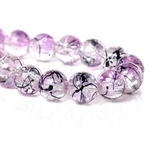 10 perles en verre 10 mm mauve tréfilé noir