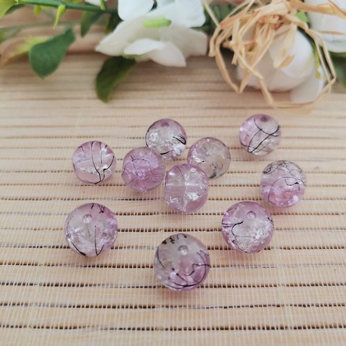 10 perles en verre 10 mm mauve tréfilé noir