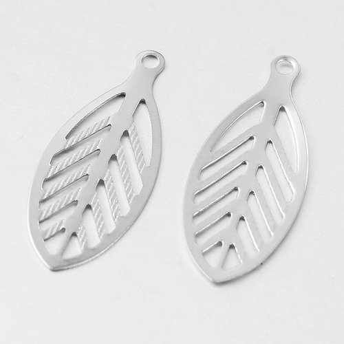 5 breloques acier inoxydable 23 mm feuilles