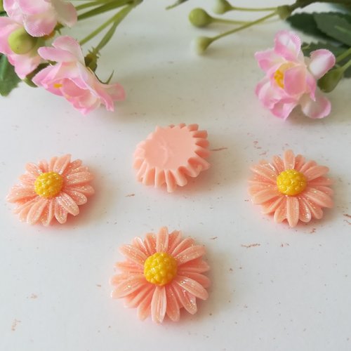 5 cabochons résine fleur paillette orange