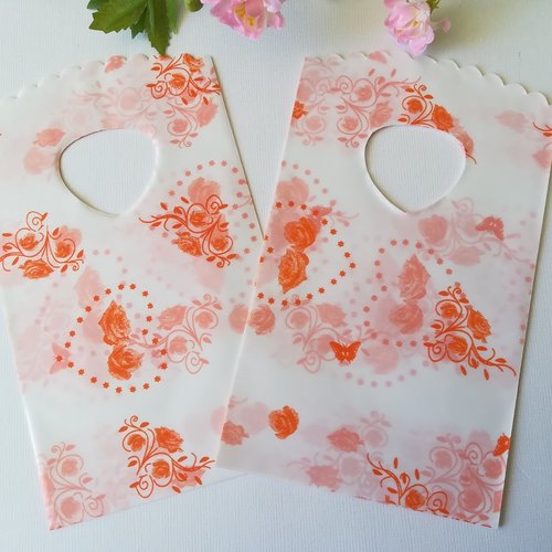 10 sachets plastique cadeau 15 x 9 cm fleurs oranges