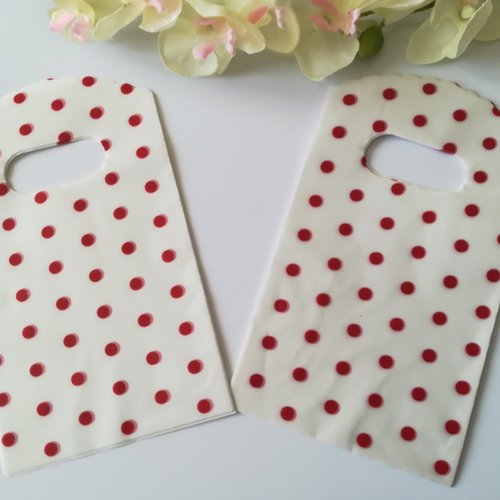 10 sachets plastique cadeaux 15 x 9 cm blanc et pois rouges