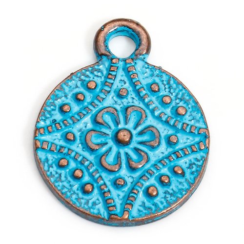 10 pendentifs ronds 13 mm bleu et cuivre rouge