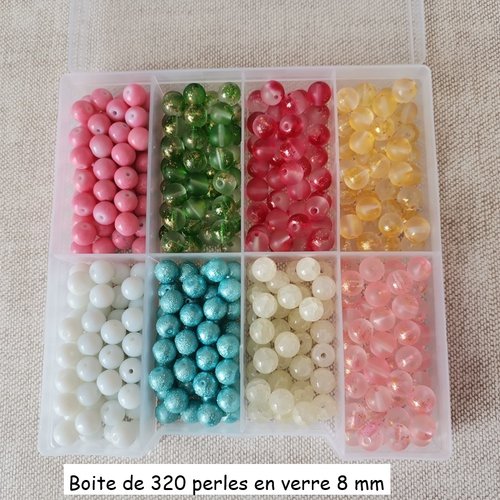 Boite de 320 perles en verre 8 mm