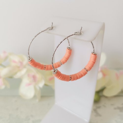 Kit de boucles d'oreilles créoles acier inoxydable ciselé et perles heishi