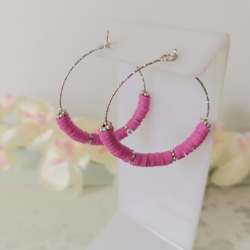 Kit de boucles d'oreilles créoles acier inoxydable ciselé et perles heishi
