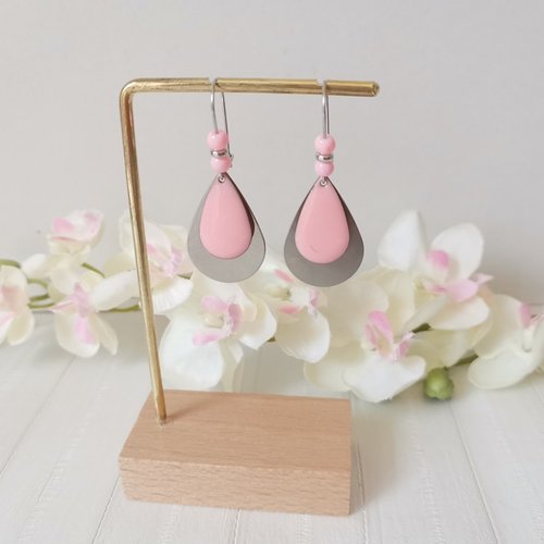 Kit boucles d'oreilles acier inoxydable gouttes métal et émail rose