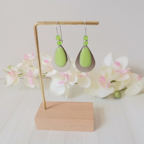 Kit boucles d'oreilles acier inoxydable gouttes métal et émail vert