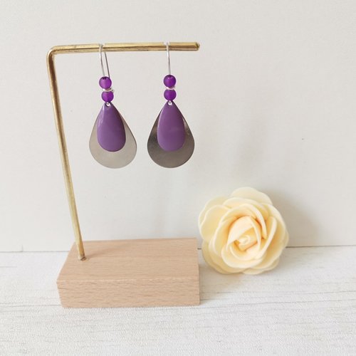 Kit boucles d'oreilles acier inoxydable gouttes métal et émail violet