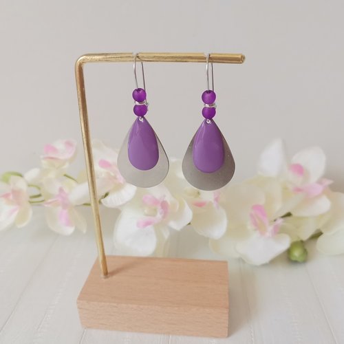 Kit boucles d'oreilles acier inoxydable gouttes métal et émail violet