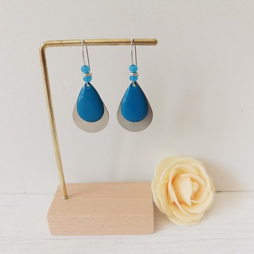 Kit boucles d'oreilles acier inoxydable gouttes métal et émail bleu