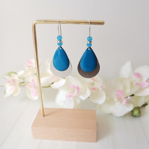 Kit boucles d'oreilles acier inoxydable gouttes métal et émail bleu