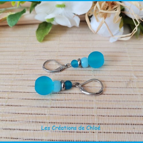 Kit boucles d'oreilles acier inoxydable et perles en verre bleue