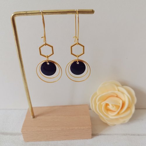 Kit boucles d'oreilles anneaux doré et sequin émail violet foncé