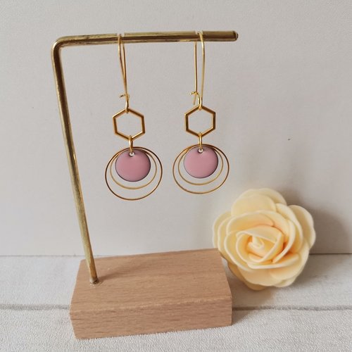Kit boucles d'oreilles anneaux doré et sequin émail rose