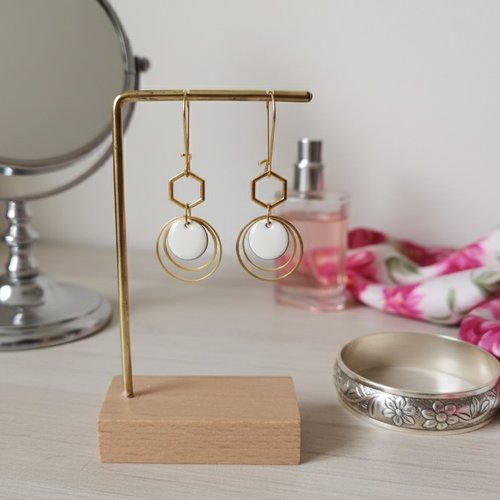Kit boucles d'oreilles anneaux doré et sequin émail blanc