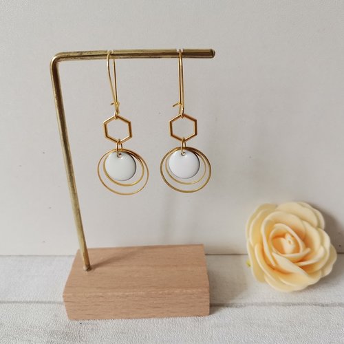 Kit boucles d'oreilles anneaux doré et sequin émail blanc