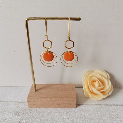 Kit boucles d'oreilles anneaux doré et sequin émail orange