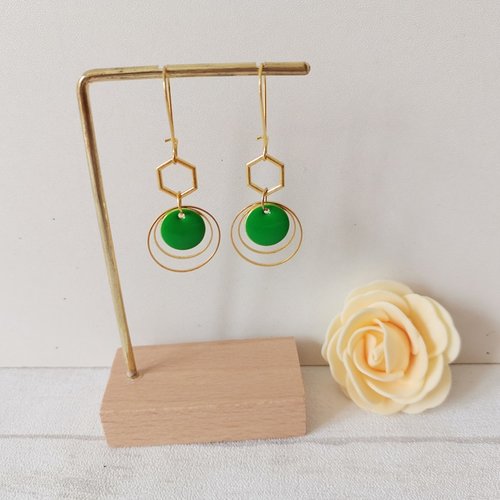 Kit boucles d'oreilles anneaux doré et sequin émail vert