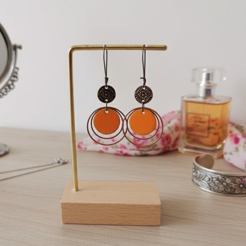 Kit boucles d'oreilles anneaux cuivre rouge et sequin émail orange