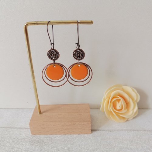 Kit boucles d'oreilles anneaux cuivre rouge et sequin émail orange