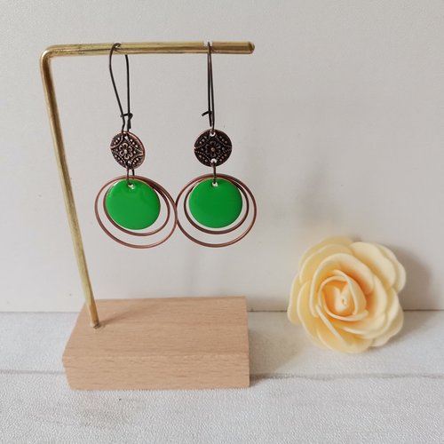 Kit boucles d'oreilles anneaux cuivre rouge et sequin émail vert