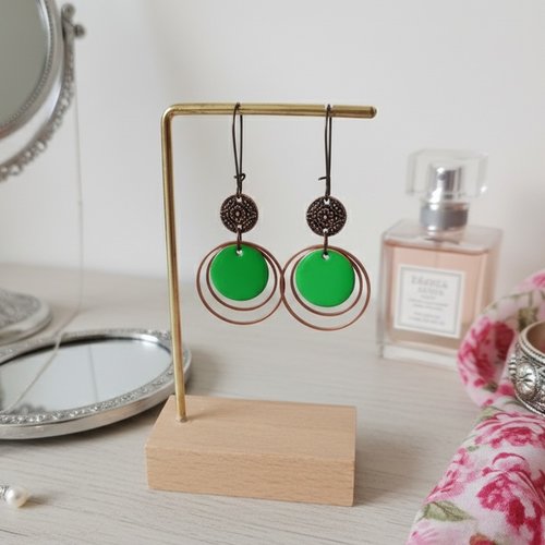 Kit boucles d'oreilles anneaux cuivre rouge et sequin émail vert